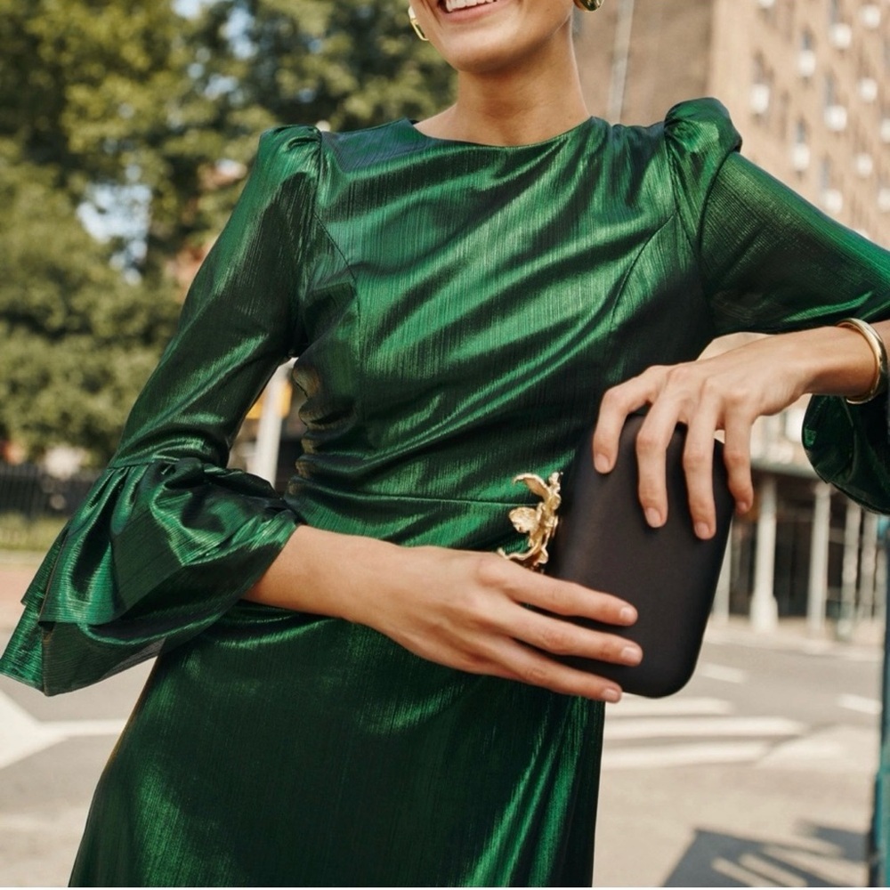 Pomander Place Emerald Crinkle Lurex Lilith Midi Dress XS NWT Holiday Party - Picture 4 of 11